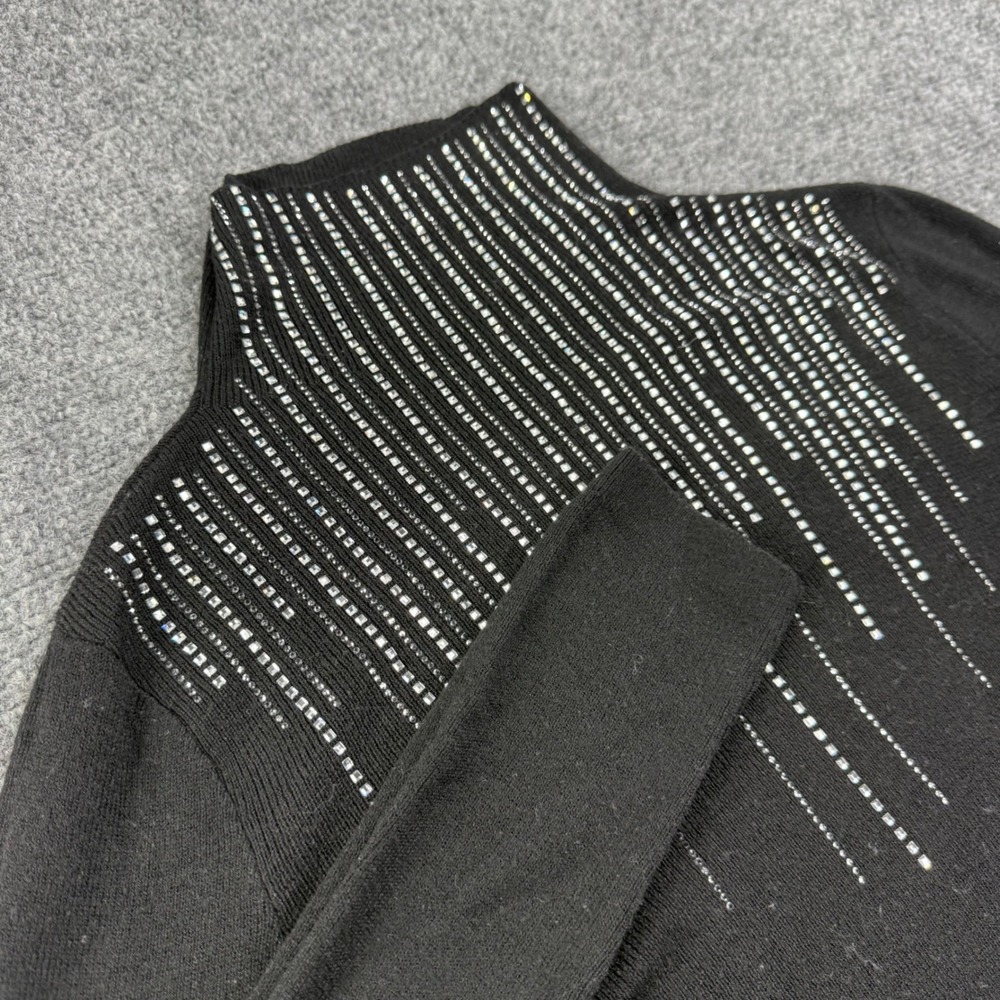 Anewsta Mock Neck Sweater Size 6 Black Rhinestone Embellished Strechy Women's